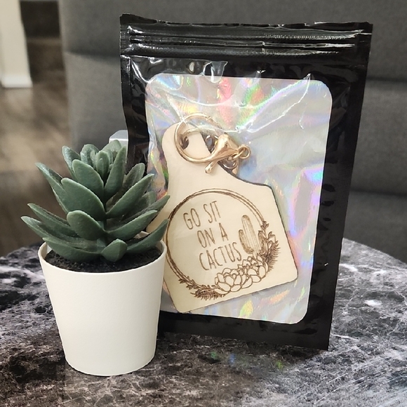 tuesday/cactus Other - Natural Wood 'Go Sit On A Cactus' Keychain with Gold Clasp + Fake Cactus Lol!